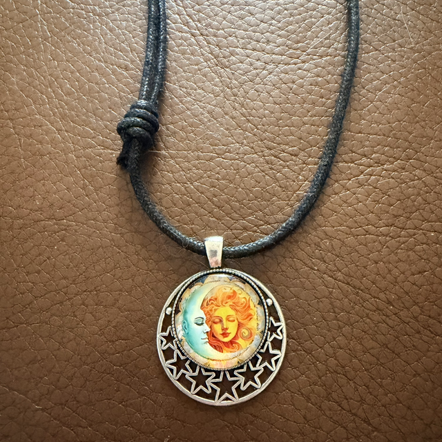 Sun Moon Glass pendant thick adjustable cord necklace 