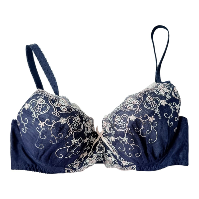 Navy blue and light pink embroidered Japanese Bra UK 32C      