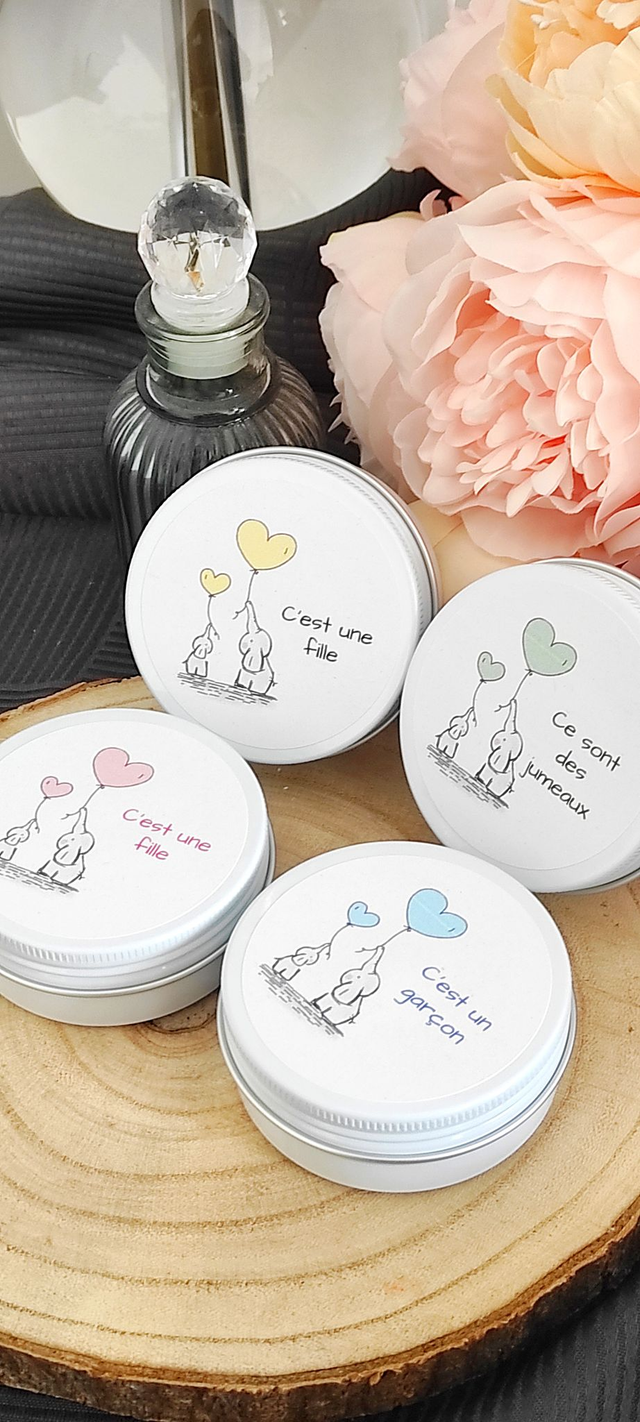 Bougie boîte métallique cadeau invités baby shower / gender reveal 