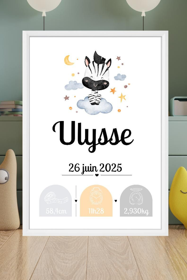 Toile de naissance personnalisée encadrée – Cadeau de naissance unique – Décoration chambre bébé – Souvenir doux et poétique