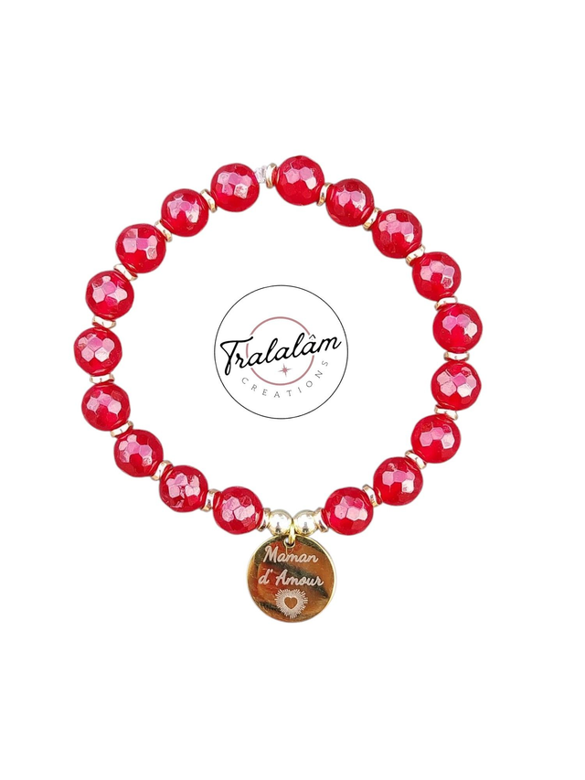  ✨Bracelet "Maman d'Amour" élastique en perles rouges en calcédoine✨