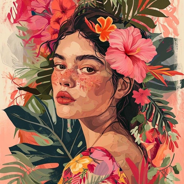 Panneau simili à coudre Femme fleurs   46x46cm