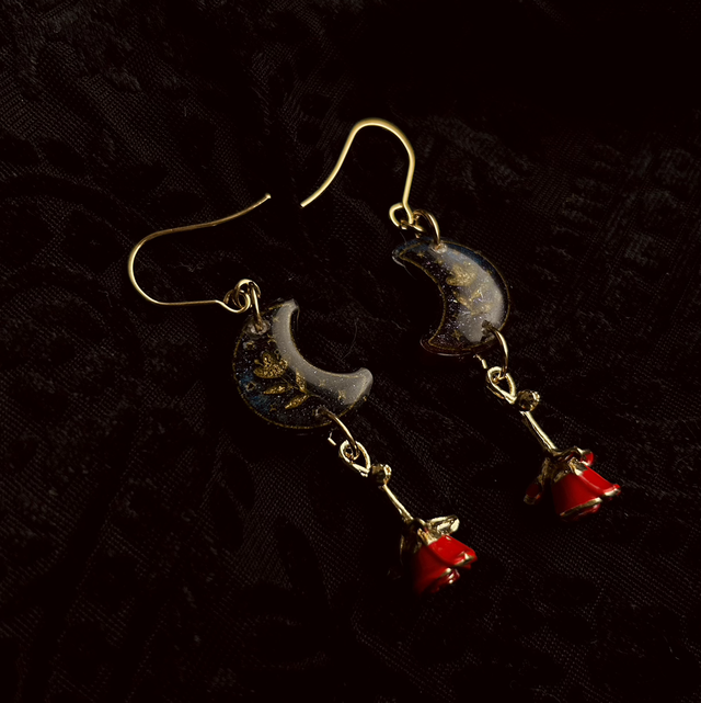 Moon and Red Rose Earrings