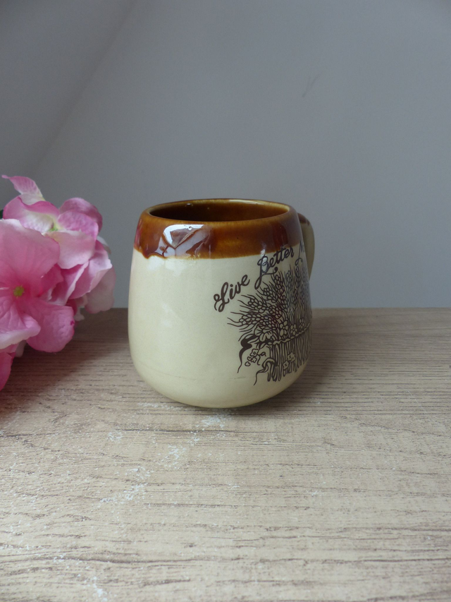 Mug Rustique en Grès Épi de Blé, Tasse Originale pour Café et Thé, Idée Cadeau Nature, Vintage Live Better Naturally, Bureau Déco Cuisine