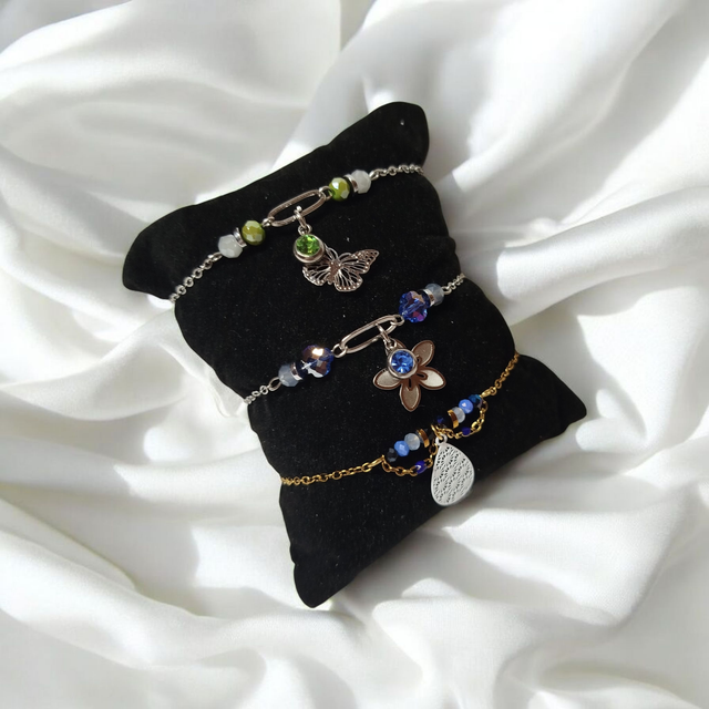 Bracelet acier inoxydable et strass vert et argenté