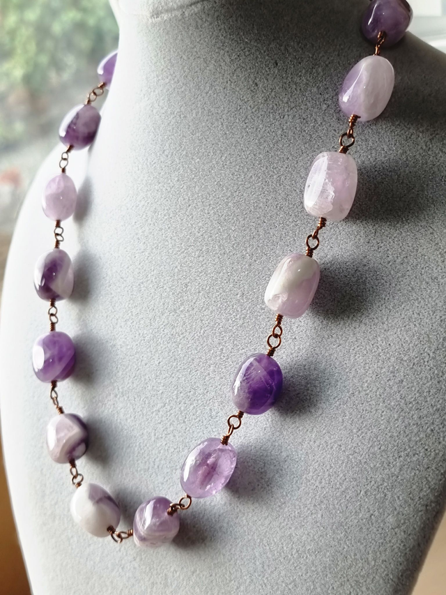 Chunky chevron Amethyst necklace with bare copper wire.