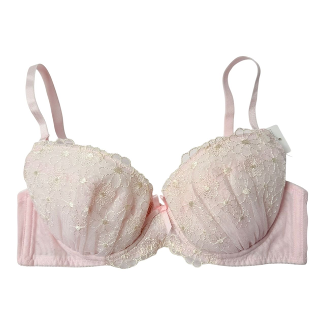 Pink and butter yellow daisies embroidered Japanese Bra UK 32B   