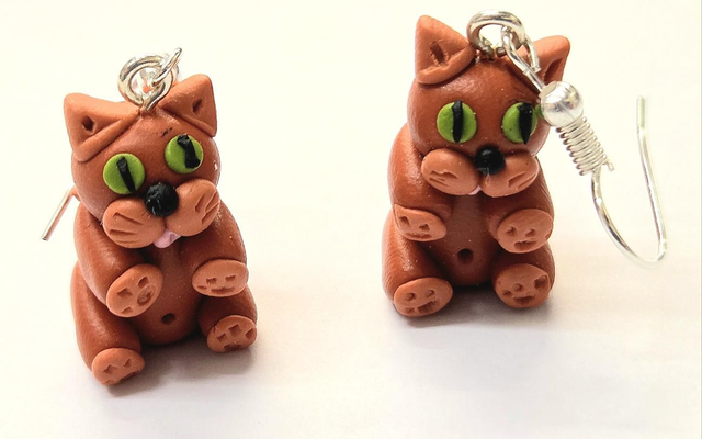 Handmade Polymer Clay Brown Cat Earrings Sterling Silver (nickel free) 