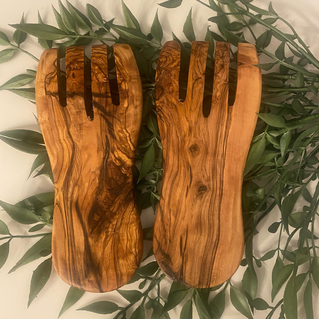 Olive Wood Serving Hands – Handcrafted Wooden Salad Servers | Rustic Kitchen Gift | Natural