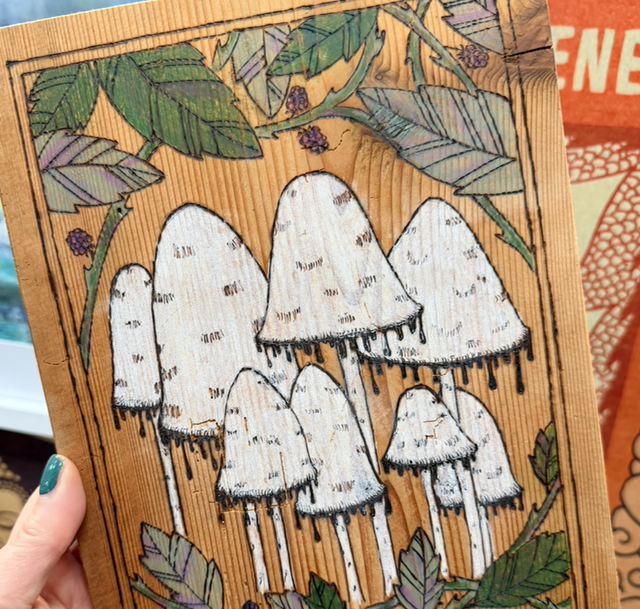 Shaggy Ink Cap pyrography - Naomi Atkins