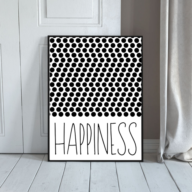 HAPPINESS – Weiß- Schwarz Punkte– Modernes Wohndekor – Digitaler Download - Contemporary Graphic Art - Art Print 