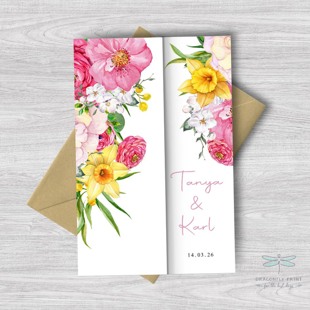 Bright spring summer florals - shades of pink, blush and yellow - Gatefold Wedding invitation