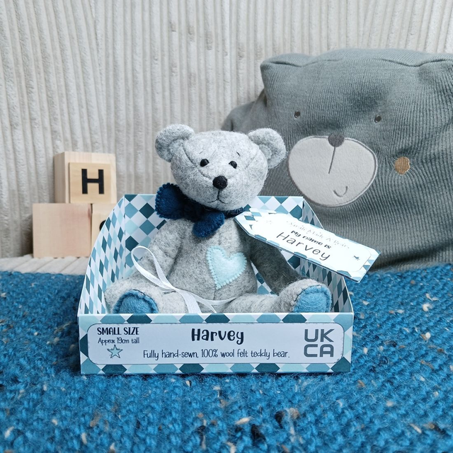Harvey. Small size, handmade teddy bear. UKCA. 'Blueben' grey.  Dark petrol (bluey/green). Spearmint. Dusky blue. Limited Edition wool felt.