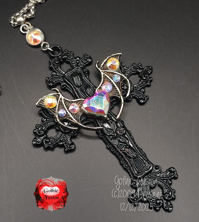 Black Gothic Cross Necklace with Crystal Heart 
