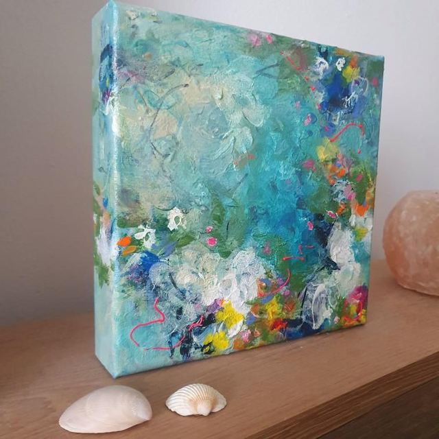 Origineel schilderij ‘Blushing Blue junior’ - 20x20x4cm