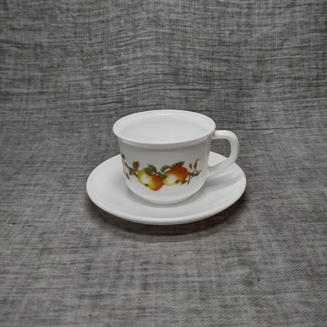 Arcopal | Kop en Schotel  (Kop diameter 8 | hoogte 5,5 | Schotel diameter 12,5 | hoogte 2 cm) in &#039;Appelbloesem&#039; motief  | Vintage