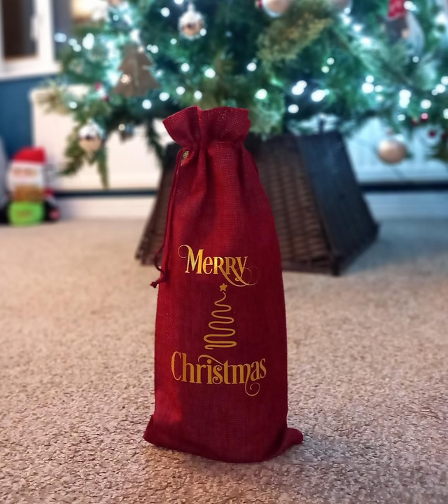 Christmas Wine Bottle Hessian Jute Bag - Merry Christmas 