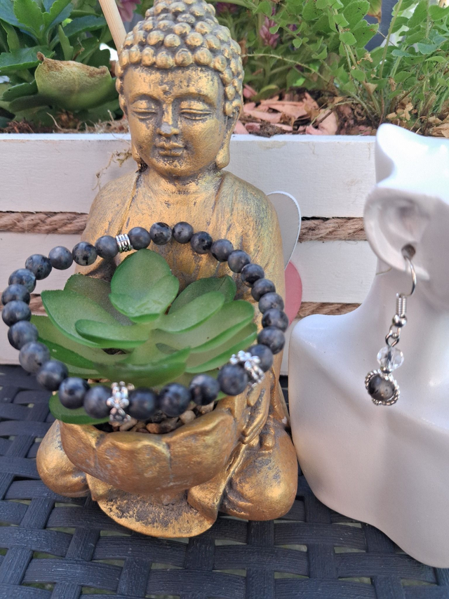 Bracelet Larvikite + boucles d'oreilles 