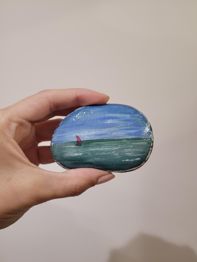 Seascape With Red Sailboat Pebble - NW-311