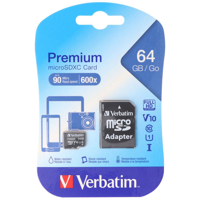 Carte micro SD 64 Go Verbatim Premium 90 Mb/s avec adaptateur