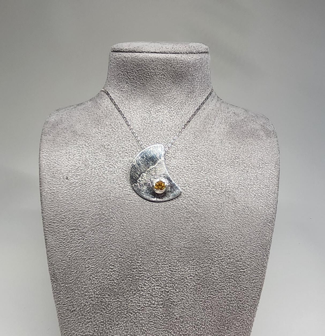 Half moon fine silver pendant with citerine cubic zirconia