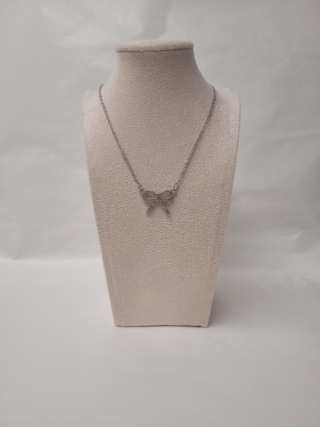 Silver rhinestone bow charm necklace - 18inch silver plated - HBH-056