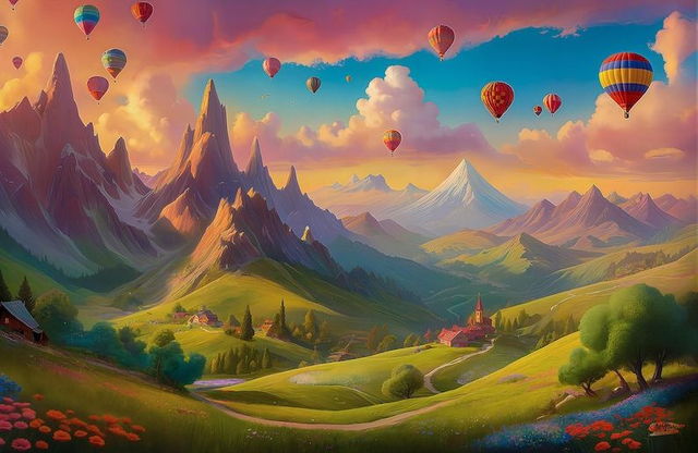 Évasion Onirique : Illustration Digitale 2D de Montgolfières sur Montagnes Enchantées