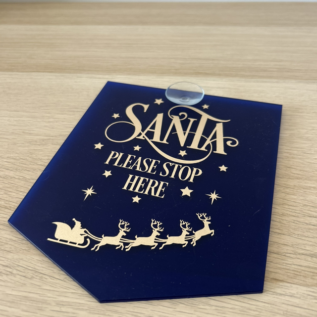 "Santa Please Stop Here" Blue Frosted Acrylic Christmas Window Sign