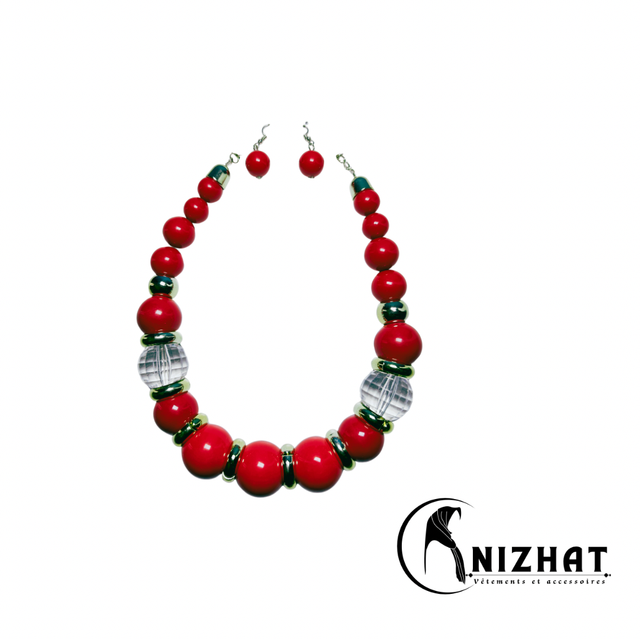 Ensemble collier de perles + boucles d'oreilles rouge pour femme
