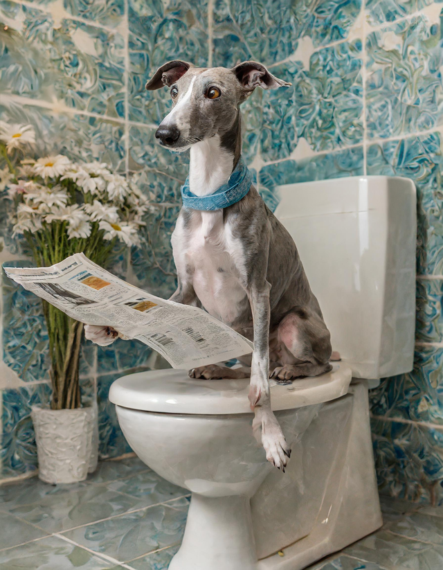 Whippet on the Toilet Framed Canvas