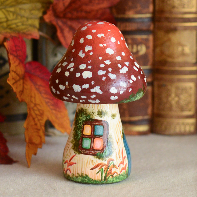 "Amanita House" Hand-Painted Wooden Mushroom