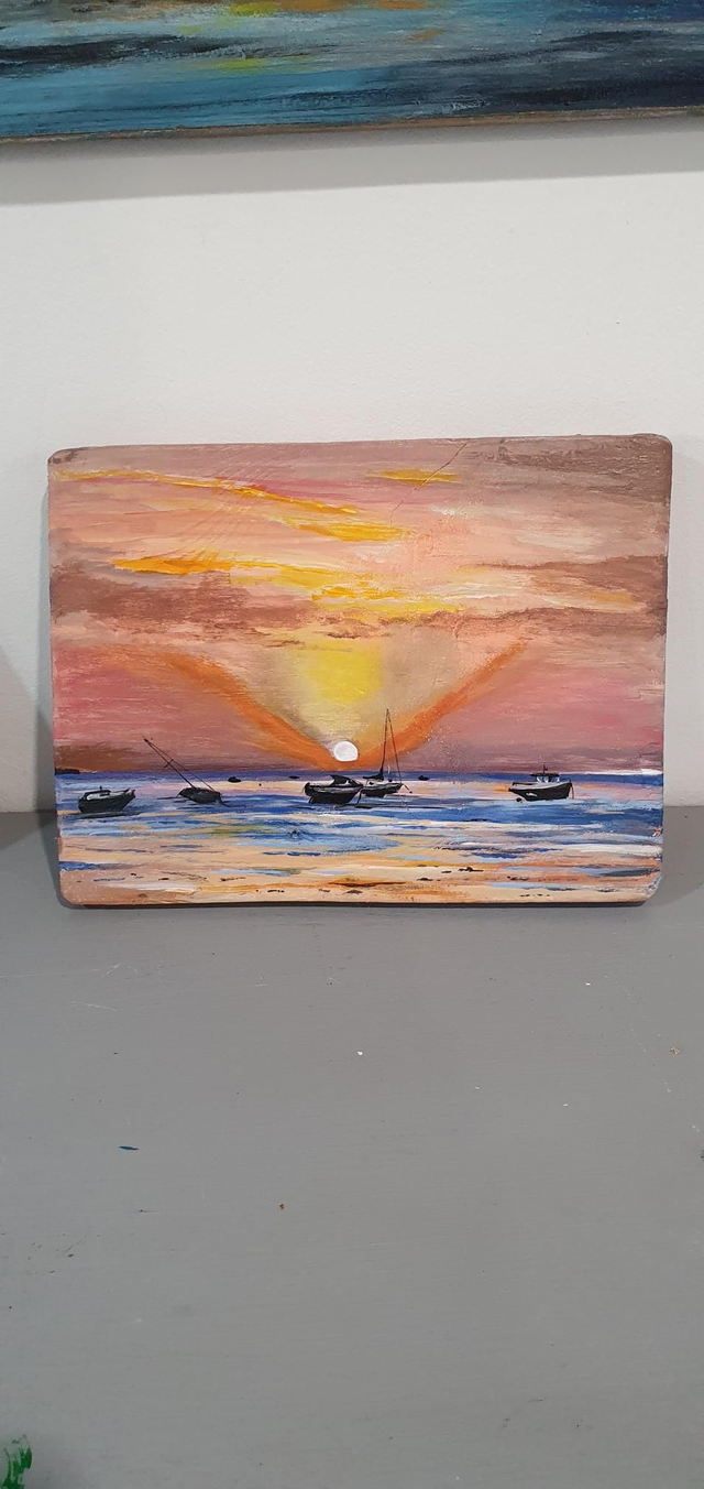 Boats At Dusk Drift Wood Painting