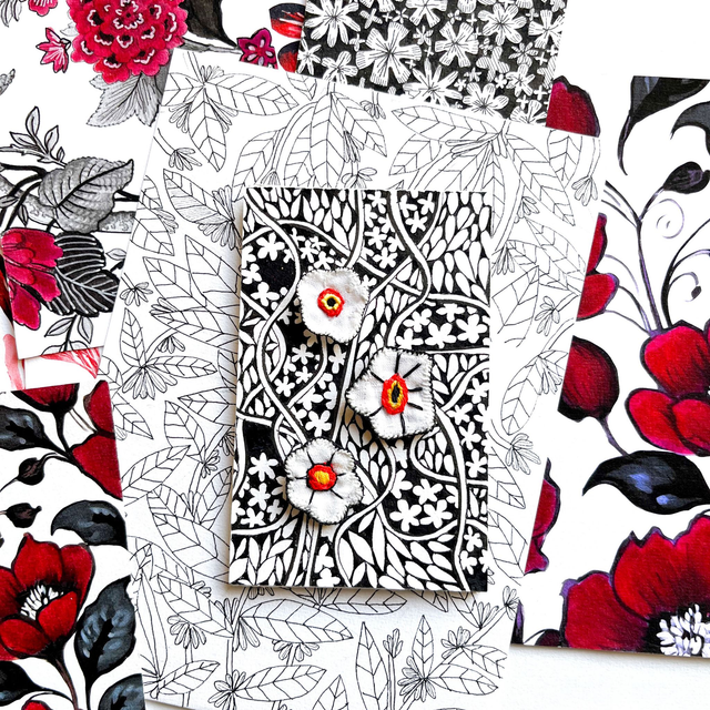 Illustration peinte à l’encre avec fleurs brodées
