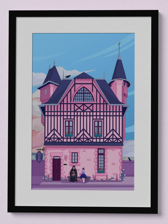 Affiche maison hantée Granville | Illustration poétique de maison hantée | Art mural inspiré Ghibli | Décoration apaisante