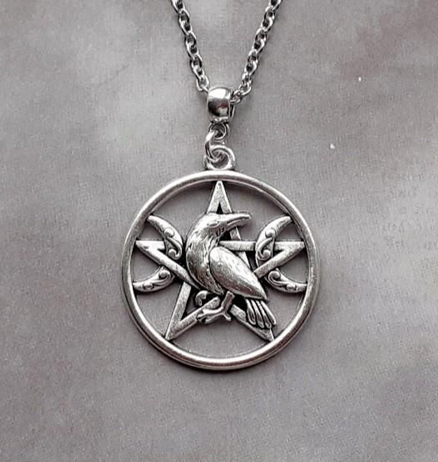 Raven, Pentagram and Triple Moon Necklace 