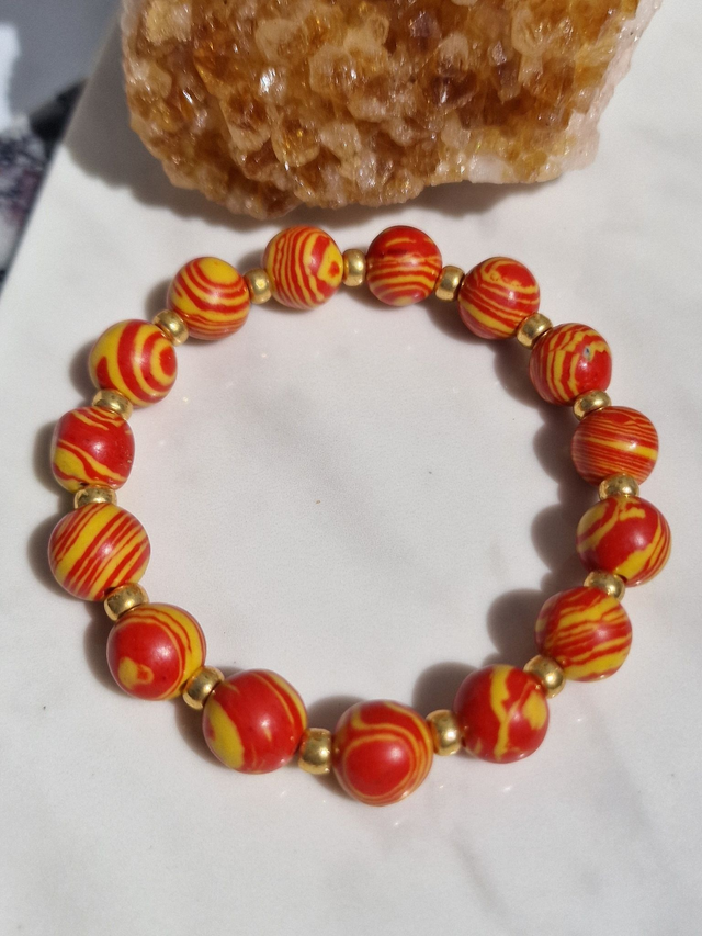 Summer fun Stretchie elasticated bracelet 8mm Orange &amp; Yellow Fordite style resin bead &amp; glass spacer bead. Medium size
