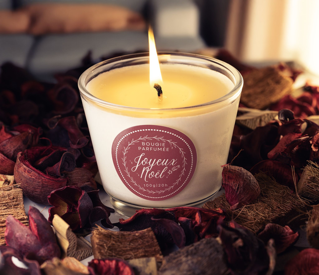 Bougie artisanale parfumée en cire de soja avec étiquette personnalisée - Cadeau pour Noël, Nouvel An, Fêtes de fin d&#039;année, 100g (JN06)