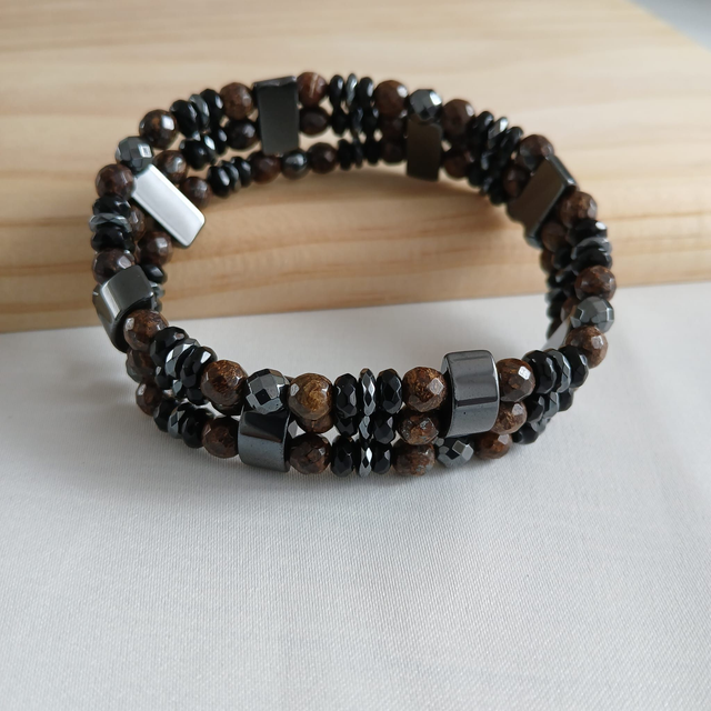 Heren armband Hematiet en Bronziet – elastisch – 19 cm (2.059)