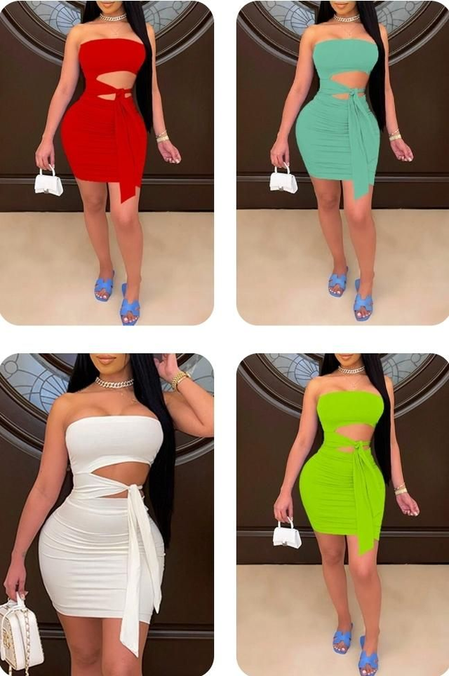 Mode Sexy solide évidé dos nu sans bretelles robe sans manches
