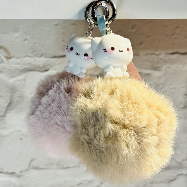 Kawaii Cat Pom Pom keychain with faux leather Pink or Blue fob choice