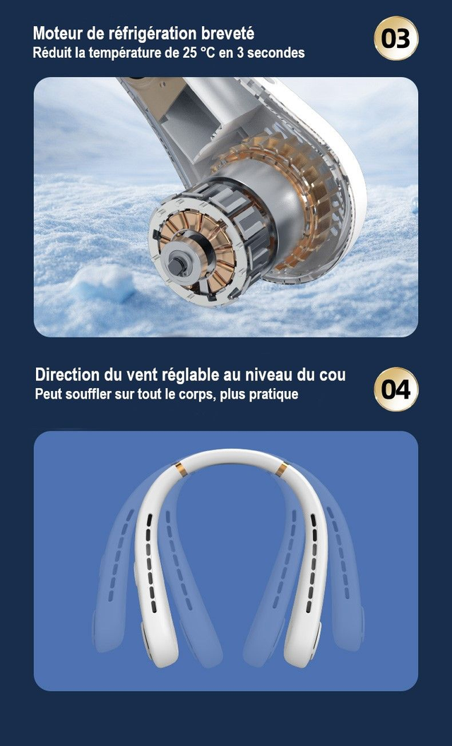 Ventilateur FZM-10 Blanc. Le ventilateur tour du cou est un accessoire pratique et innovant pour vous rafraîchir lors des journées chaudes