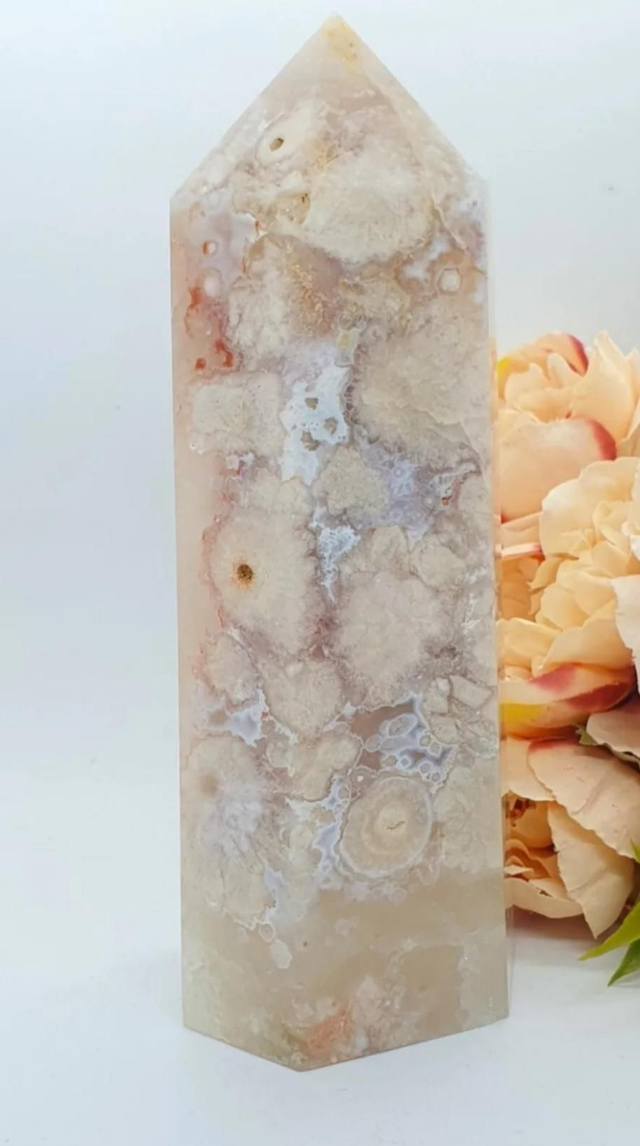 AAA grade cherry blossom flower agate &amp; Pink Amethyst crystal tower 626g 15cm