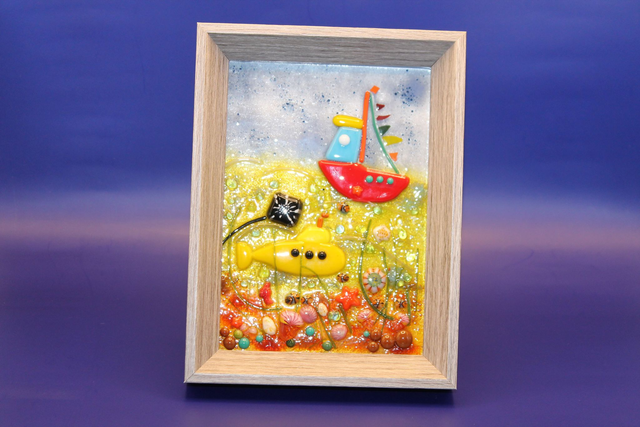 We All Live in a Yellow Submarine 5" x 7" Framed Fused Glass Art