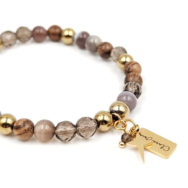 ✨ Bracelet Bois d'encens, Agate naturelle, Quartz fumé &amp; Acier doré