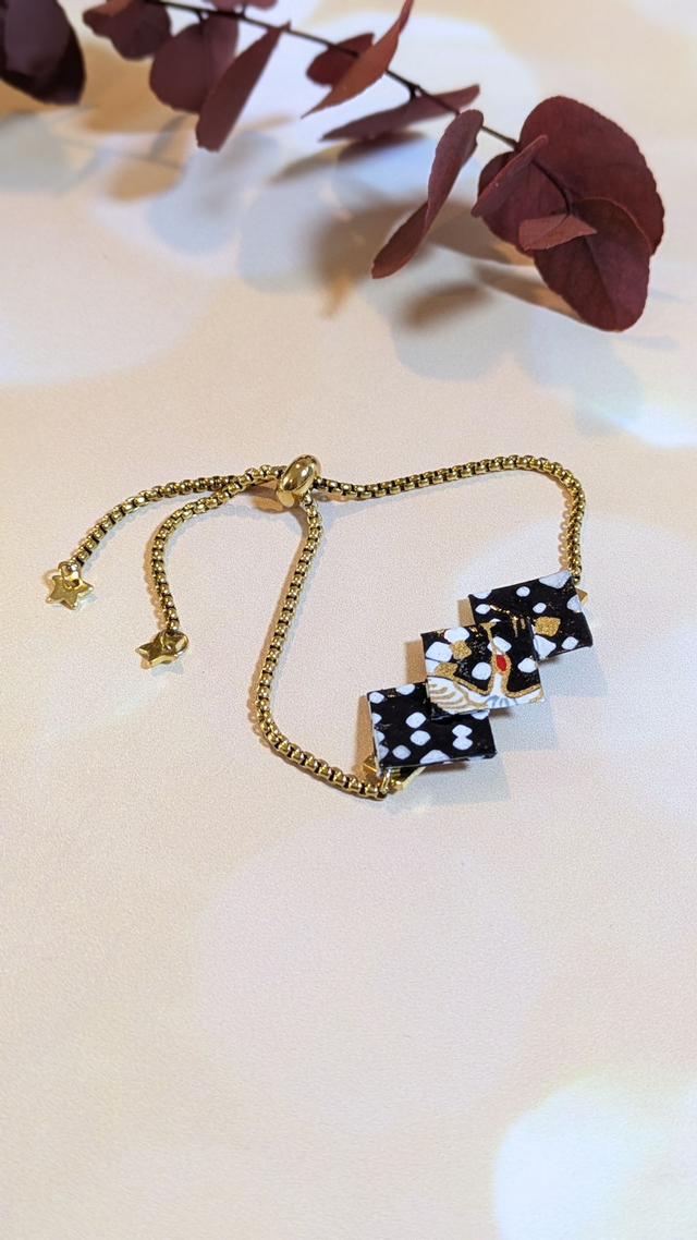 Zigzae - Bracelet origami et acier inoxydable doré - Noir et blanc