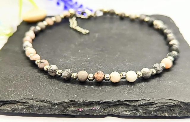 Pink Zebra Jasper Gemstone &amp; Stainless Steel Beaded Anklet 