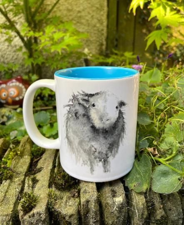 A Curious Herdwick Sheep Watercolour Mug with Blue Interior