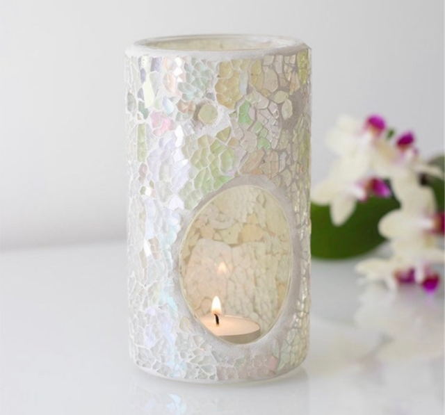 White Glass Crackled Effect Pillar Tealight Wax Burner 