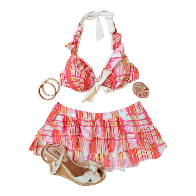 Pink and orange plaid japanese 3 piece bikini set  