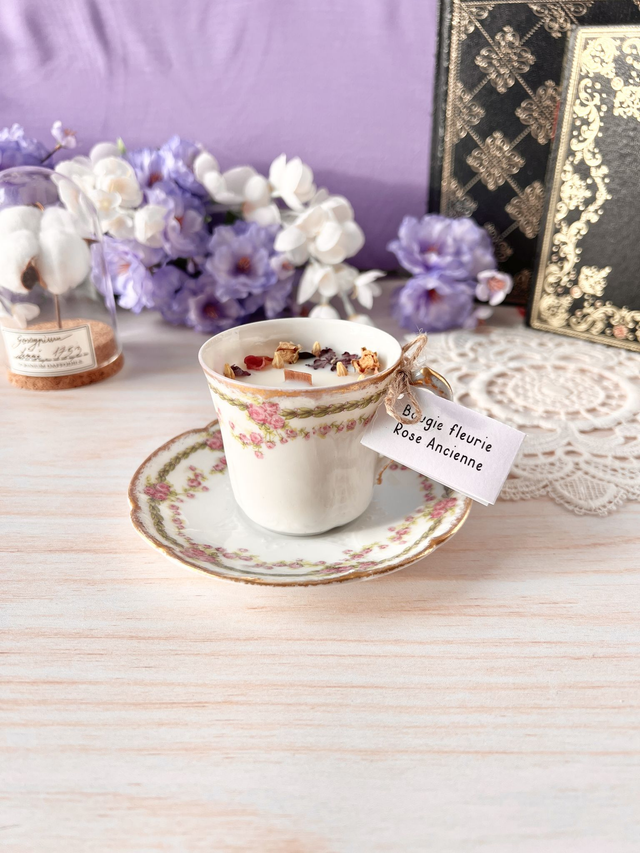 💜 Bougie Rose Ancienne - tasse à café "guirlande florale" avec sous-tasse